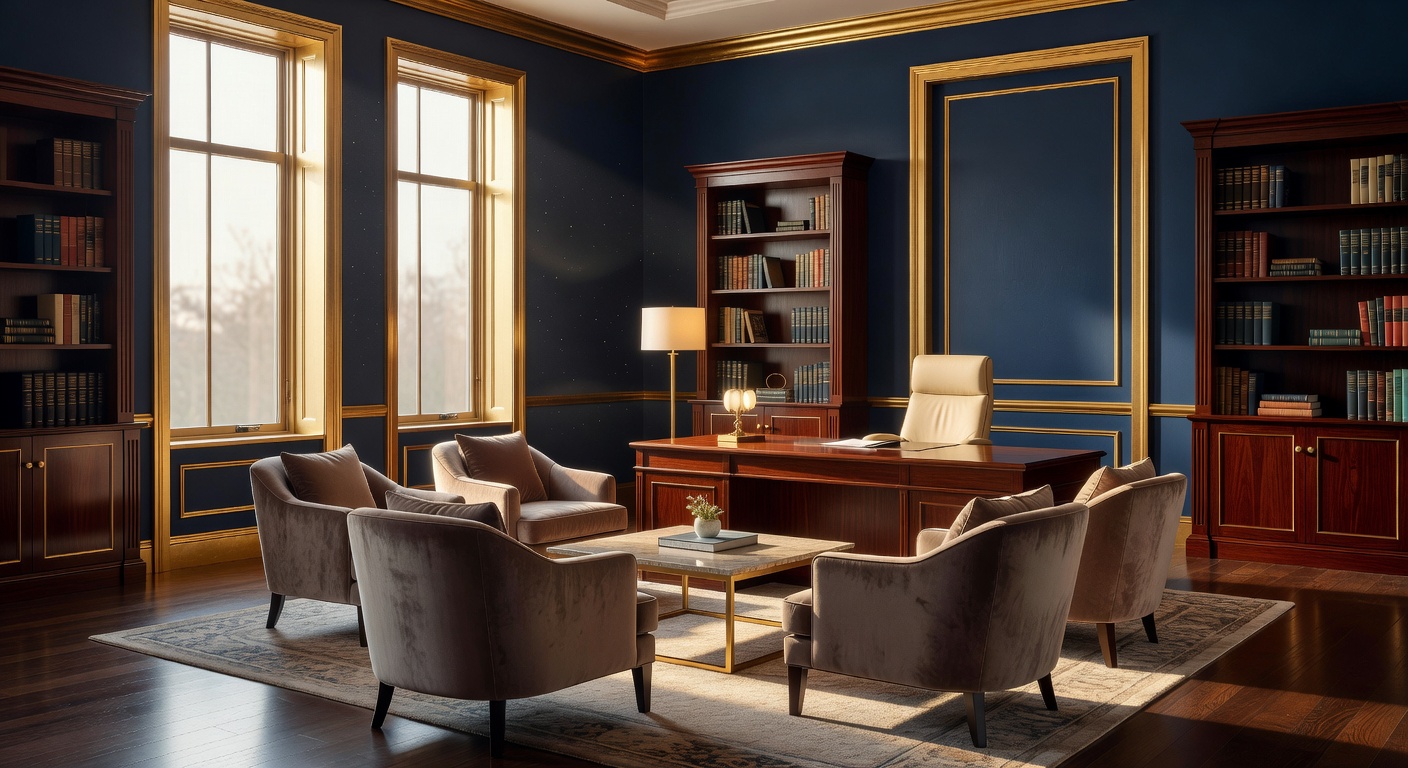 Elegant empty professional Texas office interior with warm lighting, navy and blue accents, sophisticated and trustworthy atmosphere